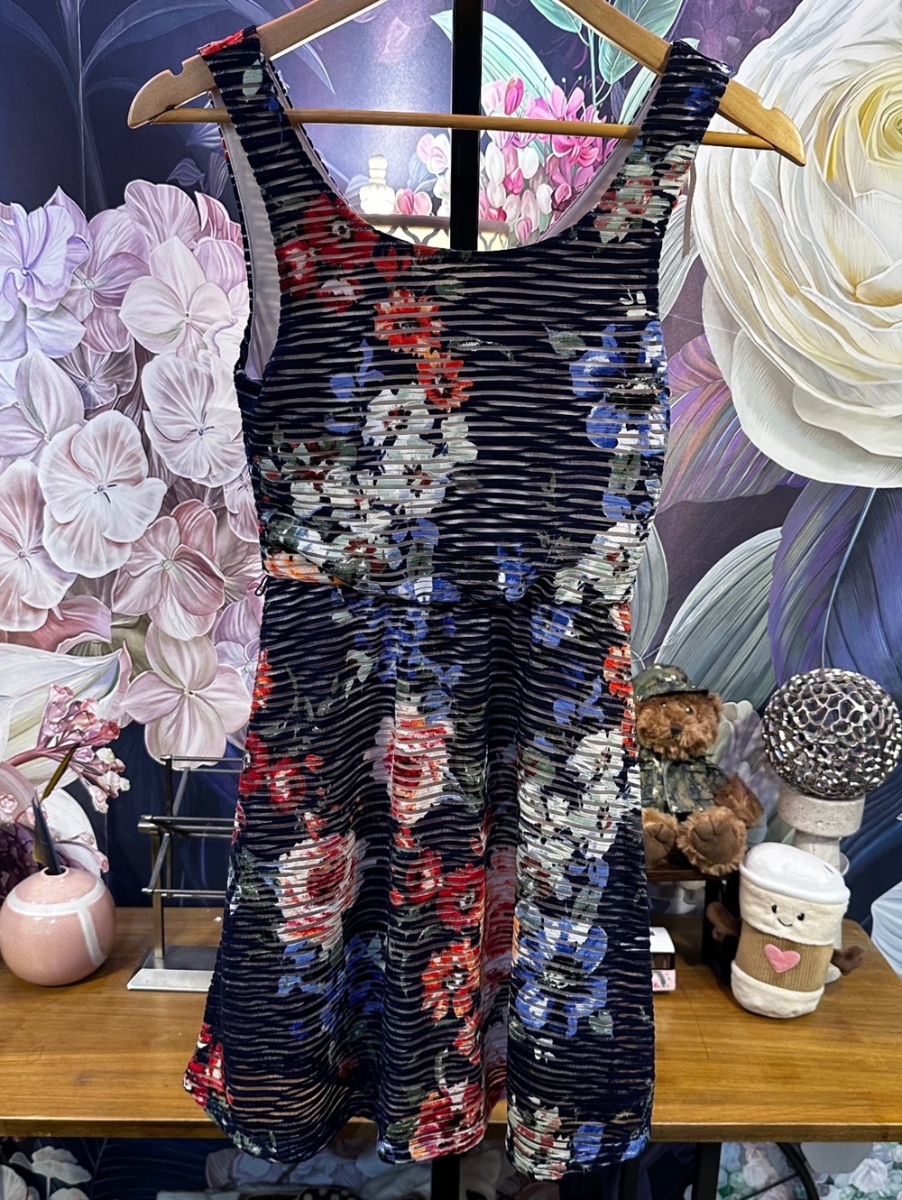 Three Pink Hearts Juniors XS Lined Floral Striped Dress Textured Romantic Boho